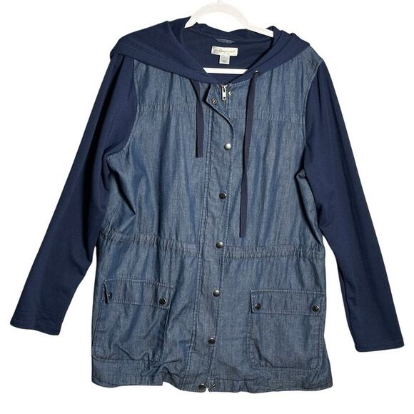 Christopher & Banks Sz L Chambray Hooded Cinch Waist Jacket Full Zip Cargo - Picture 1 of 11